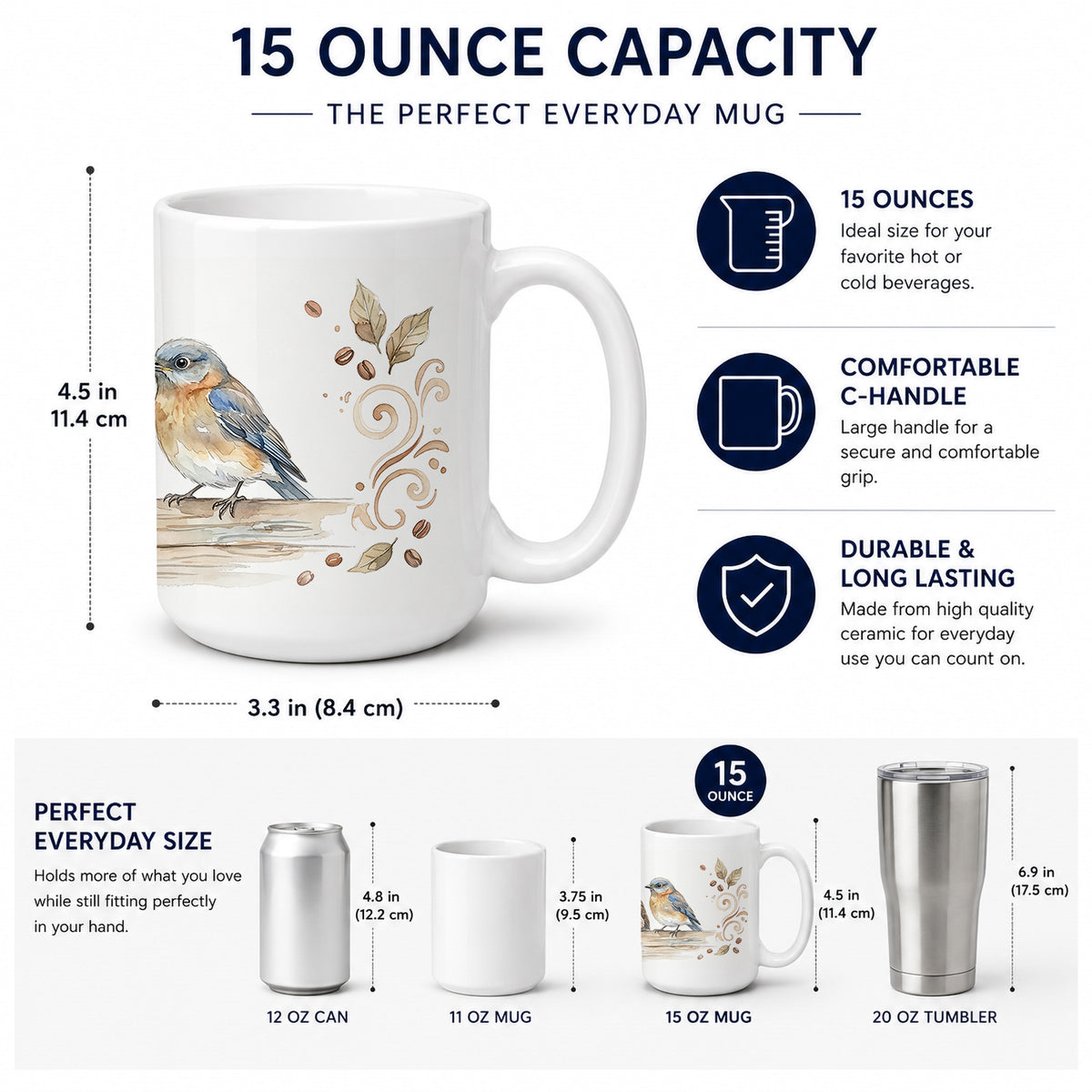 Caroline's Treasures Bluebirds Morning Coffee Ceramic Coffee Mug 15 oz Decorative Large C Handle Mug Cup for Tea, Cocoa Hot Chocolate