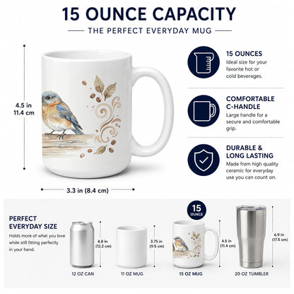 Caroline's Treasures Bluebirds Morning Coffee Ceramic Coffee Mug 15 oz Decorative Large C Handle Mug Cup for Tea, Cocoa Hot Chocolate