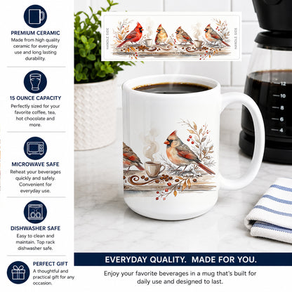 Caroline's Treasures Cardinals Morning Coffee Ceramic Coffee Mug 15 oz Decorative Large C Handle Mug Cup for Tea, Cocoa Hot Chocolate
