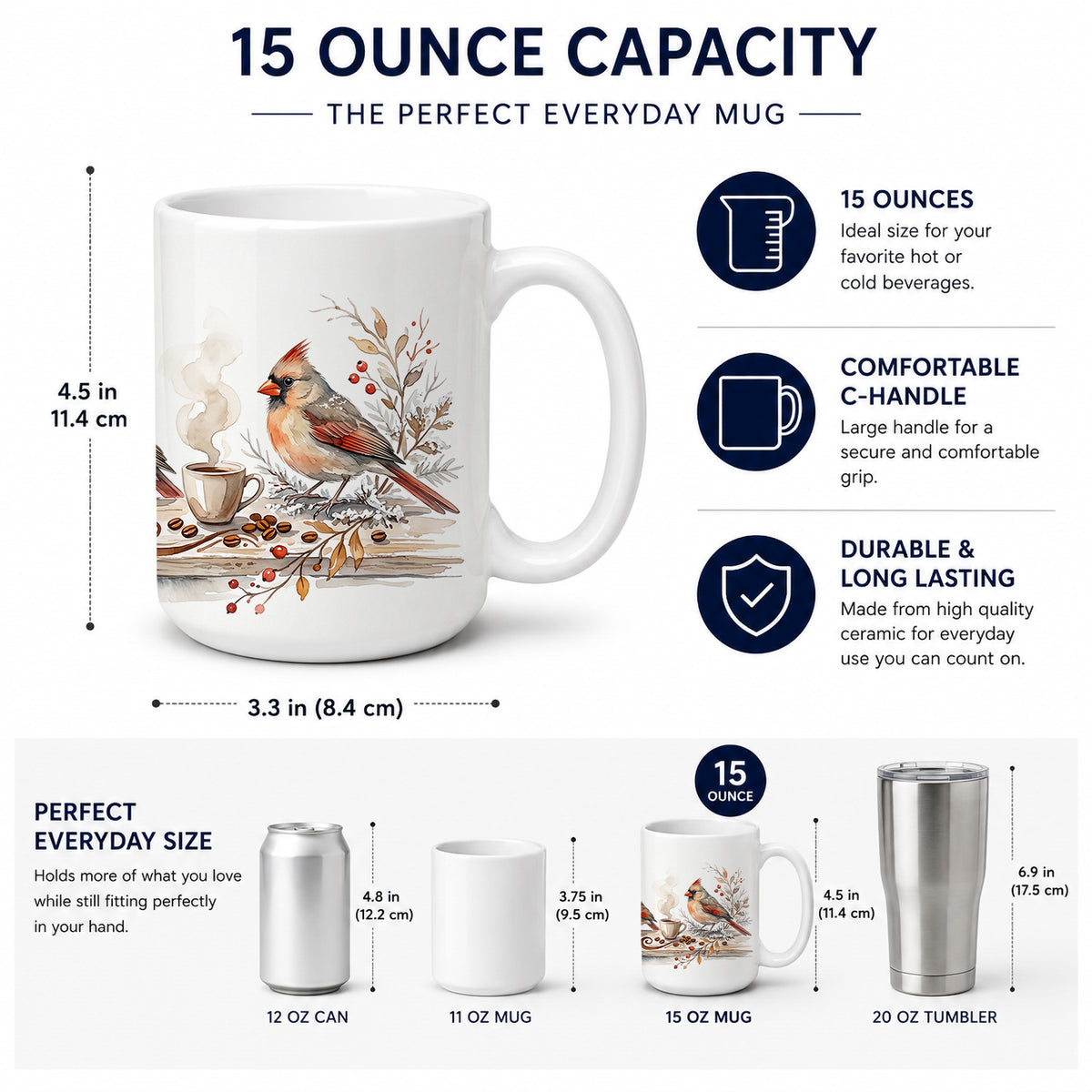 Caroline's Treasures Cardinals Morning Coffee Ceramic Coffee Mug 15 oz Decorative Large C Handle Mug Cup for Tea, Cocoa Hot Chocolate