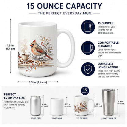 Caroline's Treasures Cardinals Morning Coffee Ceramic Coffee Mug 15 oz Decorative Large C Handle Mug Cup for Tea, Cocoa Hot Chocolate