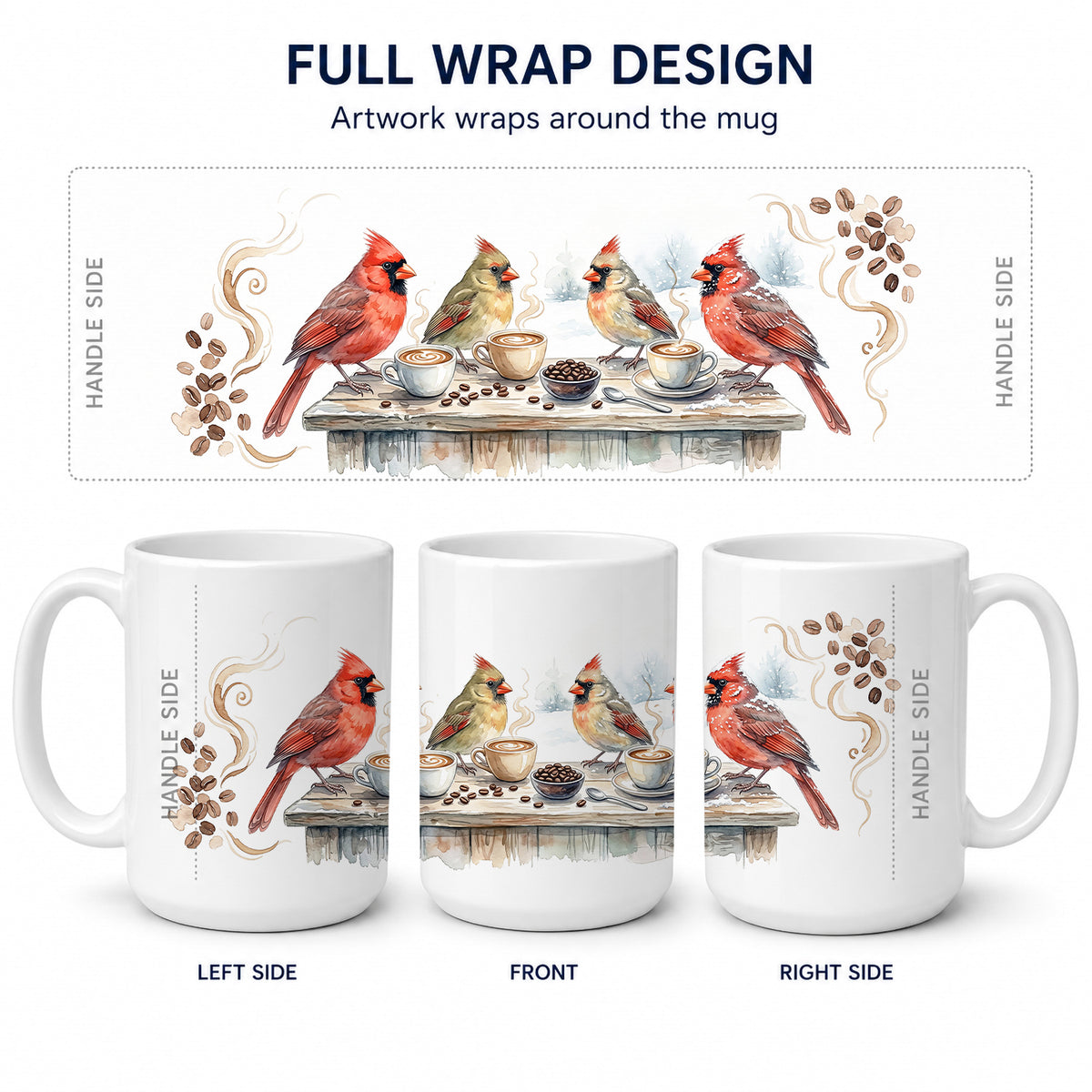 Caroline's Treasures Cardinals Winter Morning Coffee Ceramic Coffee Mug 15 oz Decorative Large C Handle Mug Cup for Tea, Cocoa Hot Chocolate
