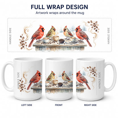 Caroline's Treasures Cardinals Winter Morning Coffee Ceramic Coffee Mug 15 oz Decorative Large C Handle Mug Cup for Tea, Cocoa Hot Chocolate