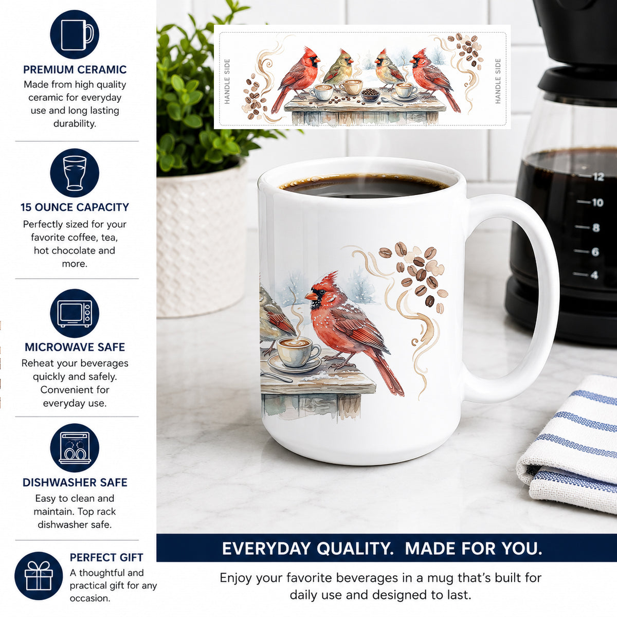 Caroline's Treasures Cardinals Winter Morning Coffee Ceramic Coffee Mug 15 oz Decorative Large C Handle Mug Cup for Tea, Cocoa Hot Chocolate