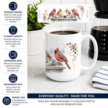 Caroline's Treasures Cardinals Winter Morning Coffee Ceramic Coffee Mug 15 oz Decorative Large C Handle Mug Cup for Tea, Cocoa Hot Chocolate