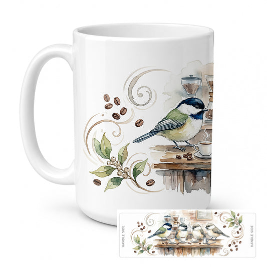 Caroline's Treasures Chickadees Coffee Counter Morning Coffee Ceramic Coffee Mug 15 oz Decorative Large C Handle Mug Cup for Tea, Cocoa Hot Chocolate