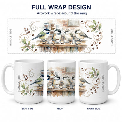 Caroline's Treasures Chickadees Coffee Counter Morning Coffee Ceramic Coffee Mug 15 oz Decorative Large C Handle Mug Cup for Tea, Cocoa Hot Chocolate