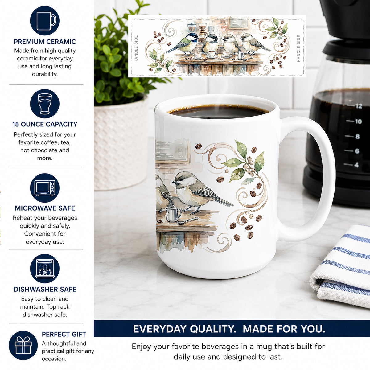 Caroline's Treasures Chickadees Coffee Counter Morning Coffee Ceramic Coffee Mug 15 oz Decorative Large C Handle Mug Cup for Tea, Cocoa Hot Chocolate