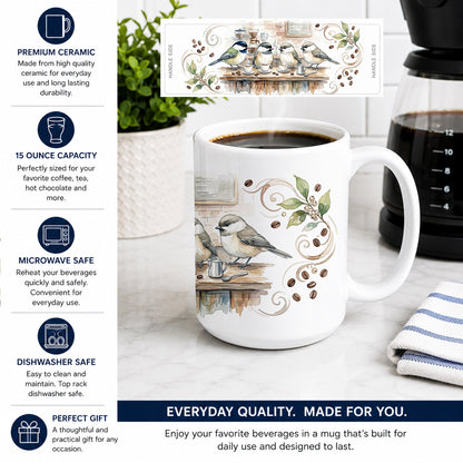 Caroline's Treasures Chickadees Coffee Counter Morning Coffee Ceramic Coffee Mug 15 oz Decorative Large C Handle Mug Cup for Tea, Cocoa Hot Chocolate