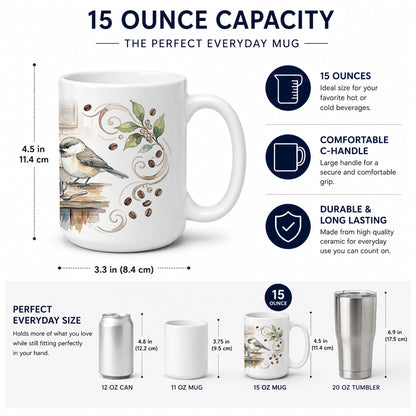 Caroline's Treasures Chickadees Coffee Counter Morning Coffee Ceramic Coffee Mug 15 oz Decorative Large C Handle Mug Cup for Tea, Cocoa Hot Chocolate