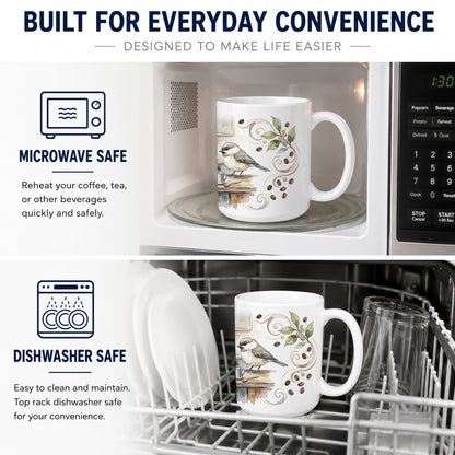 Caroline's Treasures Chickadees Coffee Counter Morning Coffee Ceramic Coffee Mug 15 oz Decorative Large C Handle Mug Cup for Tea, Cocoa Hot Chocolate