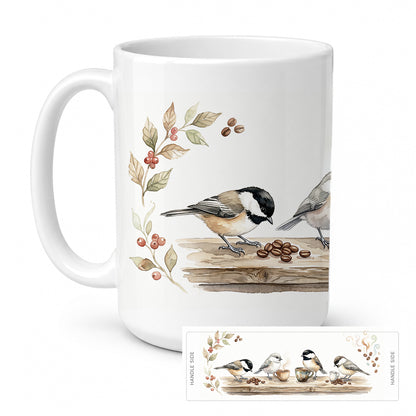 Caroline's Treasures Chickadees Botanical Perch Morning Coffee Ceramic Coffee Mug 15 oz Decorative Large C Handle Mug Cup for Tea, Cocoa Hot Chocolate