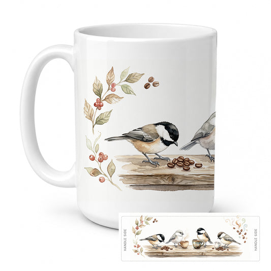 Caroline's Treasures Chickadees Botanical Perch Morning Coffee Ceramic Coffee Mug 15 oz Decorative Large C Handle Mug Cup for Tea, Cocoa Hot Chocolate