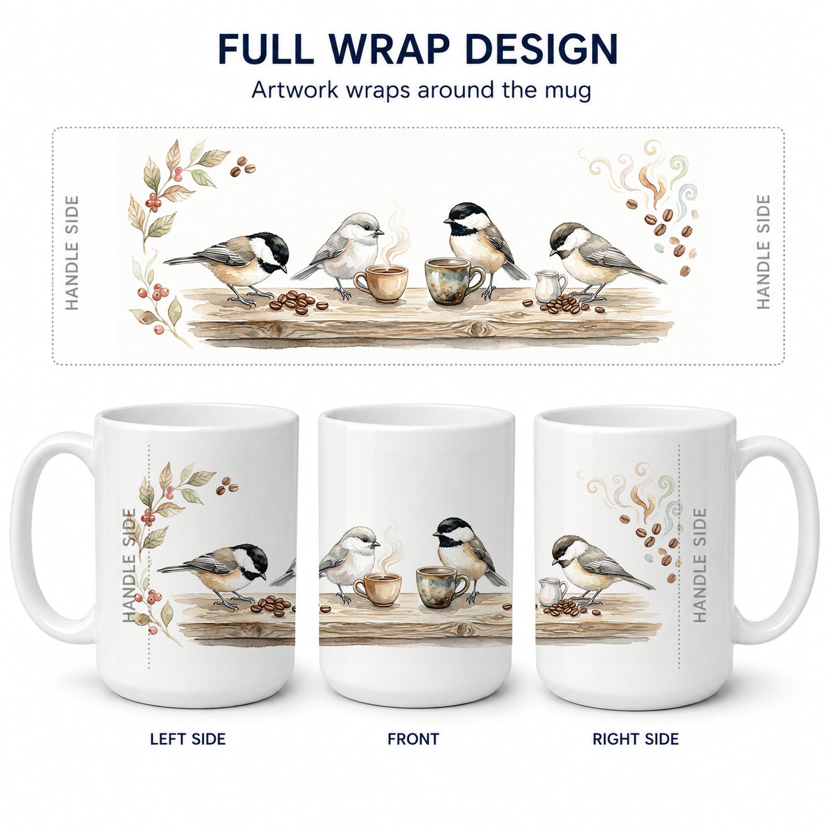 Caroline's Treasures Chickadees Botanical Perch Morning Coffee Ceramic Coffee Mug 15 oz Decorative Large C Handle Mug Cup for Tea, Cocoa Hot Chocolate