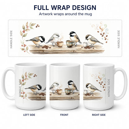 Caroline's Treasures Chickadees Botanical Perch Morning Coffee Ceramic Coffee Mug 15 oz Decorative Large C Handle Mug Cup for Tea, Cocoa Hot Chocolate