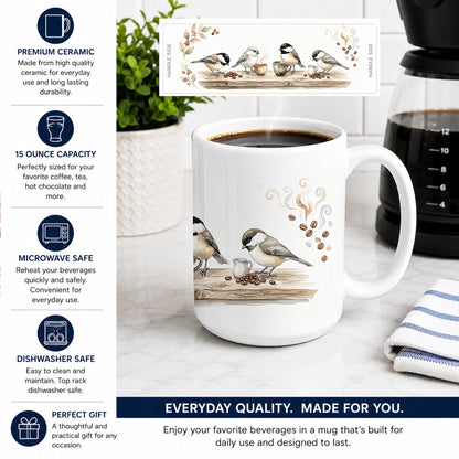 Caroline's Treasures Chickadees Botanical Perch Morning Coffee Ceramic Coffee Mug 15 oz Decorative Large C Handle Mug Cup for Tea, Cocoa Hot Chocolate