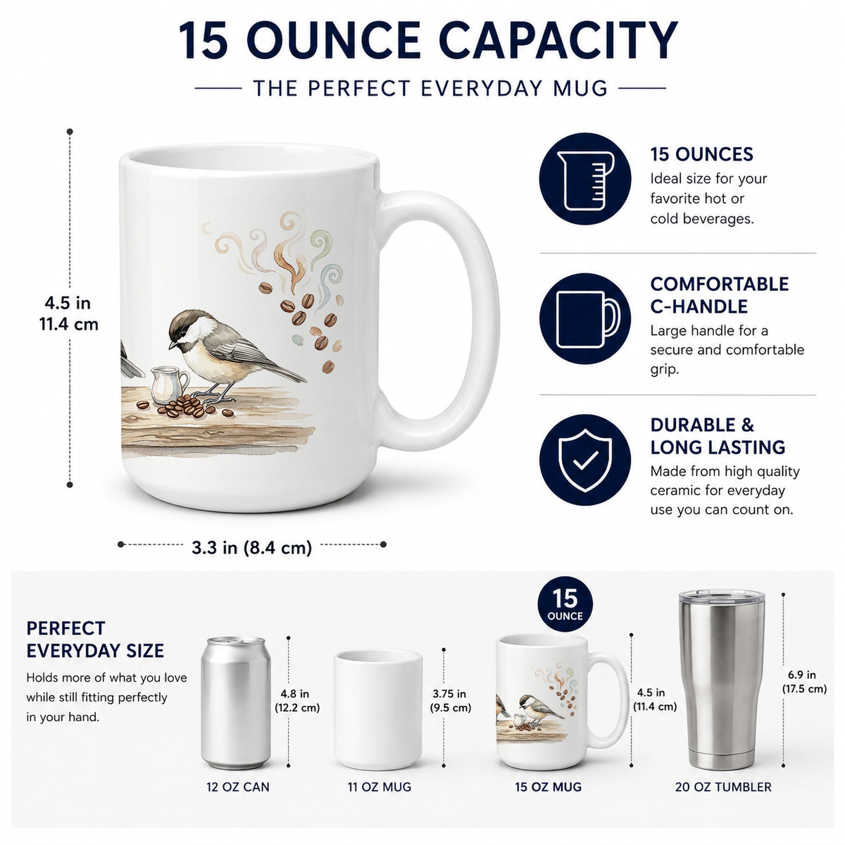 Caroline's Treasures Chickadees Botanical Perch Morning Coffee Ceramic Coffee Mug 15 oz Decorative Large C Handle Mug Cup for Tea, Cocoa Hot Chocolate