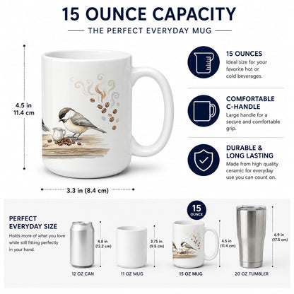 Caroline's Treasures Chickadees Botanical Perch Morning Coffee Ceramic Coffee Mug 15 oz Decorative Large C Handle Mug Cup for Tea, Cocoa Hot Chocolate