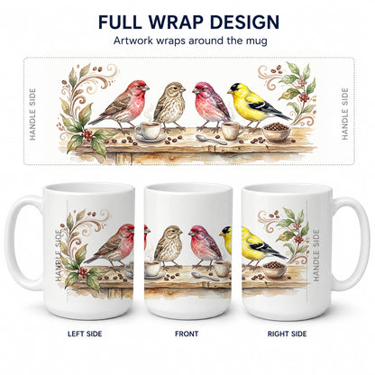 Caroline's Treasures Finches Morning Coffee Ceramic Coffee Mug 15 oz Decorative Large C Handle Mug Cup for Tea, Cocoa Hot Chocolate