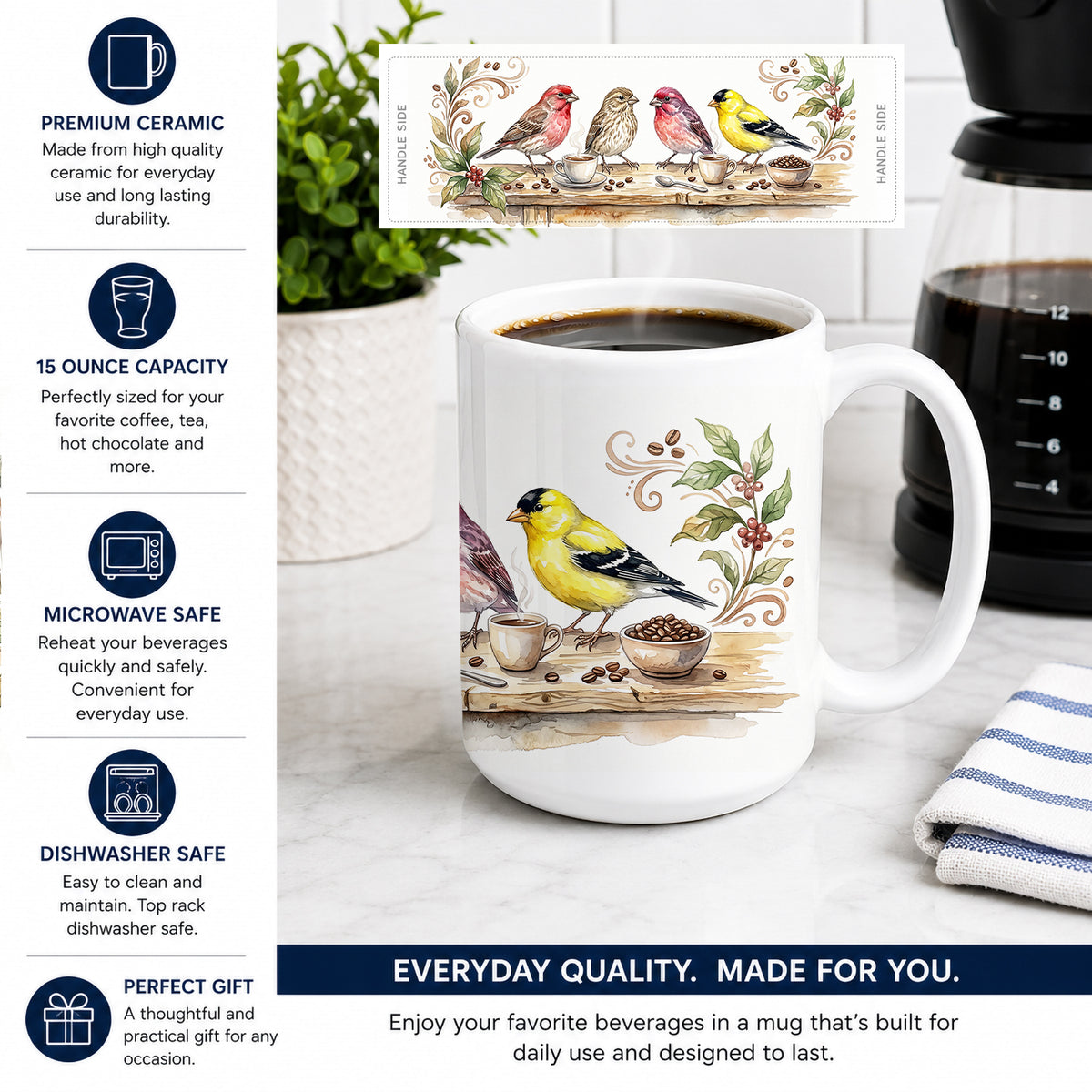 Caroline's Treasures Finches Morning Coffee Ceramic Coffee Mug 15 oz Decorative Large C Handle Mug Cup for Tea, Cocoa Hot Chocolate