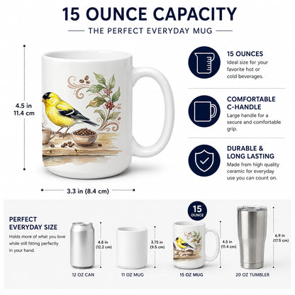 Caroline's Treasures Finches Morning Coffee Ceramic Coffee Mug 15 oz Decorative Large C Handle Mug Cup for Tea, Cocoa Hot Chocolate
