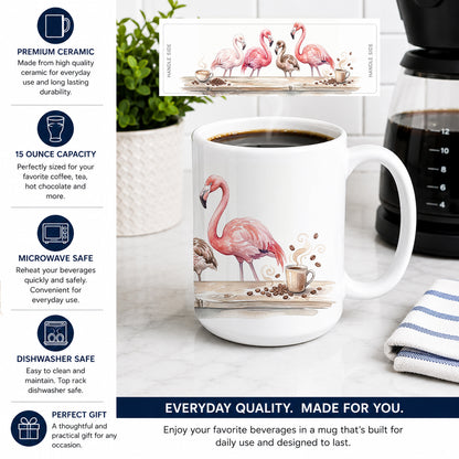 Caroline's Treasures Flamingos Morning Coffee Ceramic Coffee Mug 15 oz Decorative Large C Handle Mug Cup for Tea, Cocoa Hot Chocolate