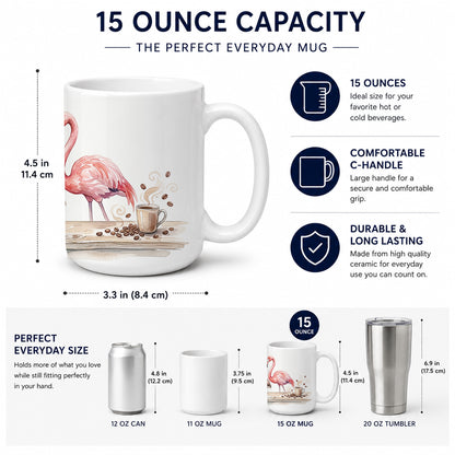 Caroline's Treasures Flamingos Morning Coffee Ceramic Coffee Mug 15 oz Decorative Large C Handle Mug Cup for Tea, Cocoa Hot Chocolate