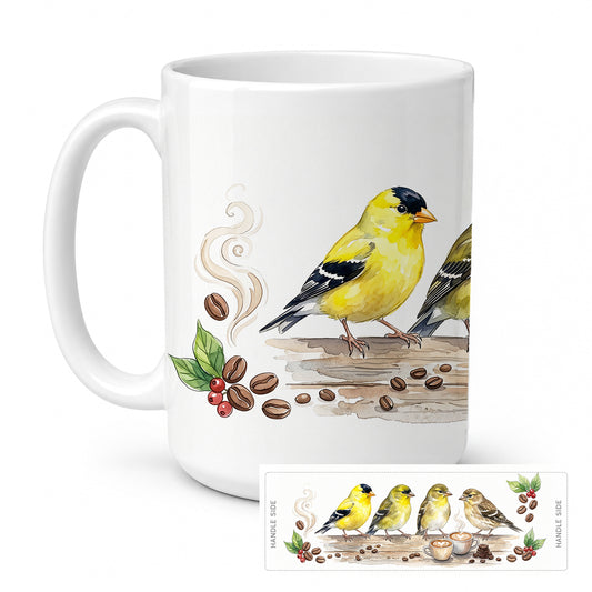 Caroline's Treasures Goldfinches Morning Coffee Ceramic Coffee Mug 15 oz Decorative Large C Handle Mug Cup for Tea, Cocoa Hot Chocolate