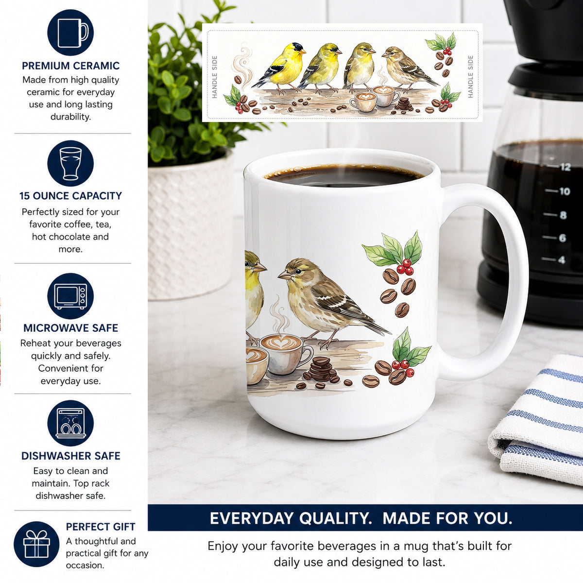Caroline's Treasures Goldfinches Morning Coffee Ceramic Coffee Mug 15 oz Decorative Large C Handle Mug Cup for Tea, Cocoa Hot Chocolate