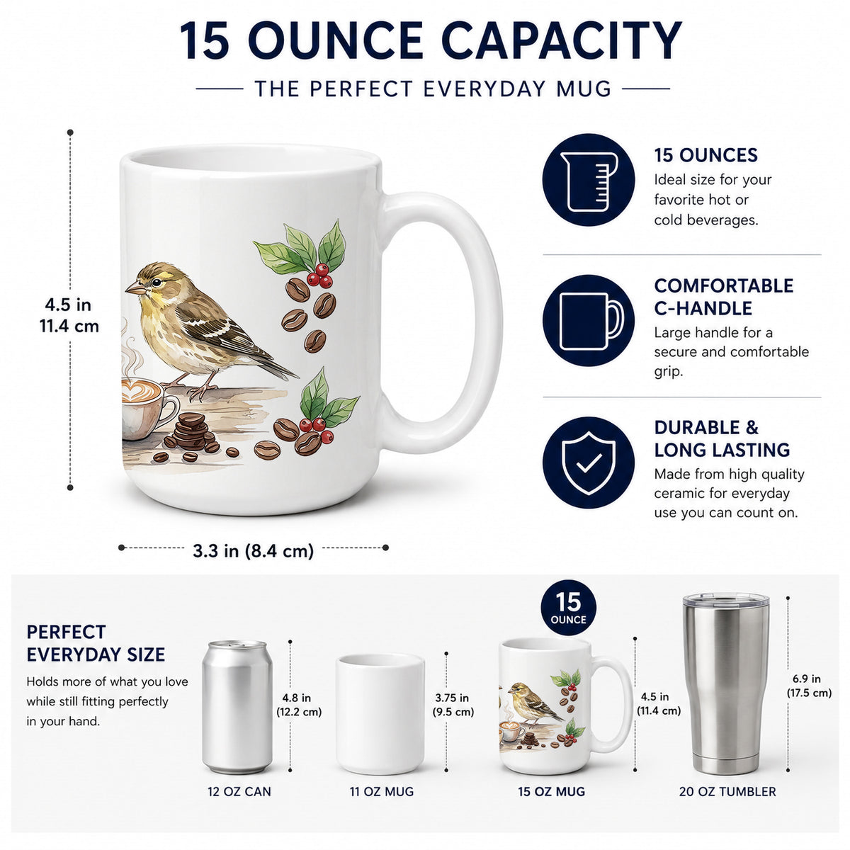 Caroline's Treasures Goldfinches Morning Coffee Ceramic Coffee Mug 15 oz Decorative Large C Handle Mug Cup for Tea, Cocoa Hot Chocolate