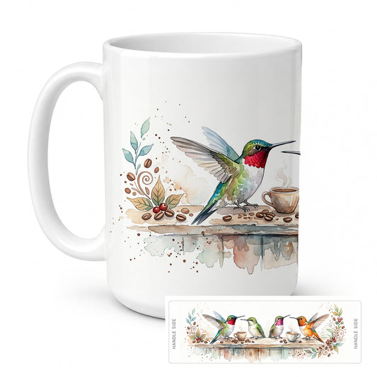 Caroline's Treasures Hummingbirds Morning Coffee Ceramic Coffee Mug 15 oz Decorative Large C Handle Mug Cup for Tea, Cocoa Hot Chocolate
