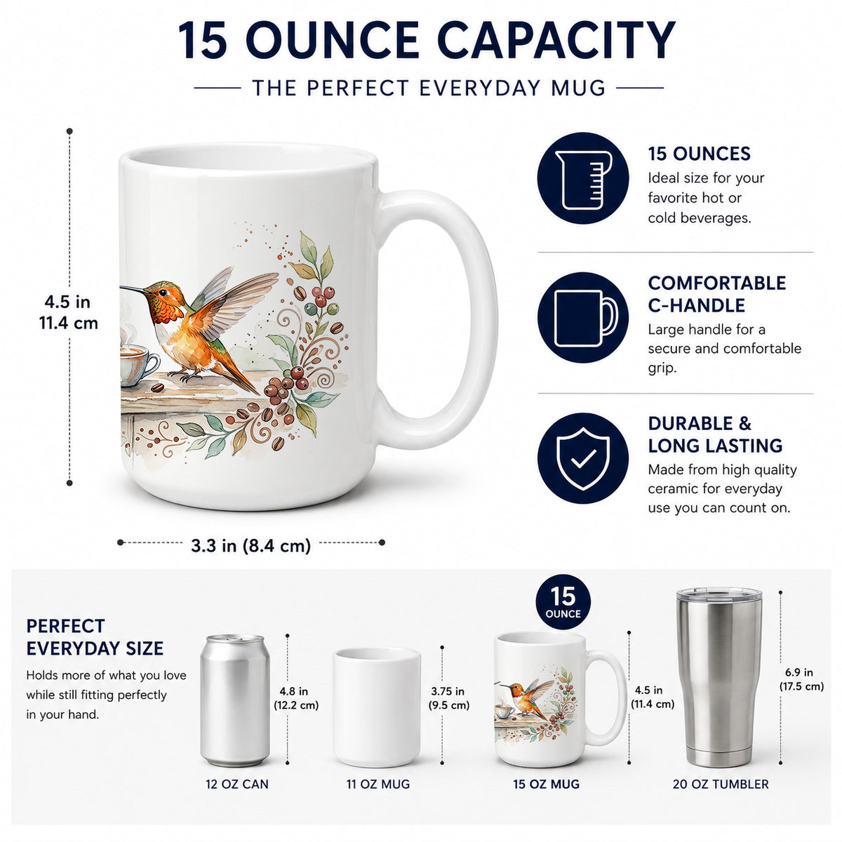 Caroline's Treasures Hummingbirds Morning Coffee Ceramic Coffee Mug 15 oz Decorative Large C Handle Mug Cup for Tea, Cocoa Hot Chocolate