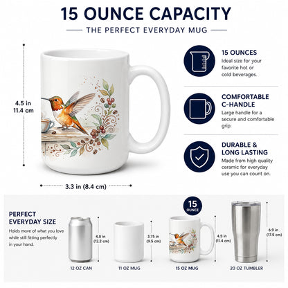 Caroline's Treasures Hummingbirds Morning Coffee Ceramic Coffee Mug 15 oz Decorative Large C Handle Mug Cup for Tea, Cocoa Hot Chocolate