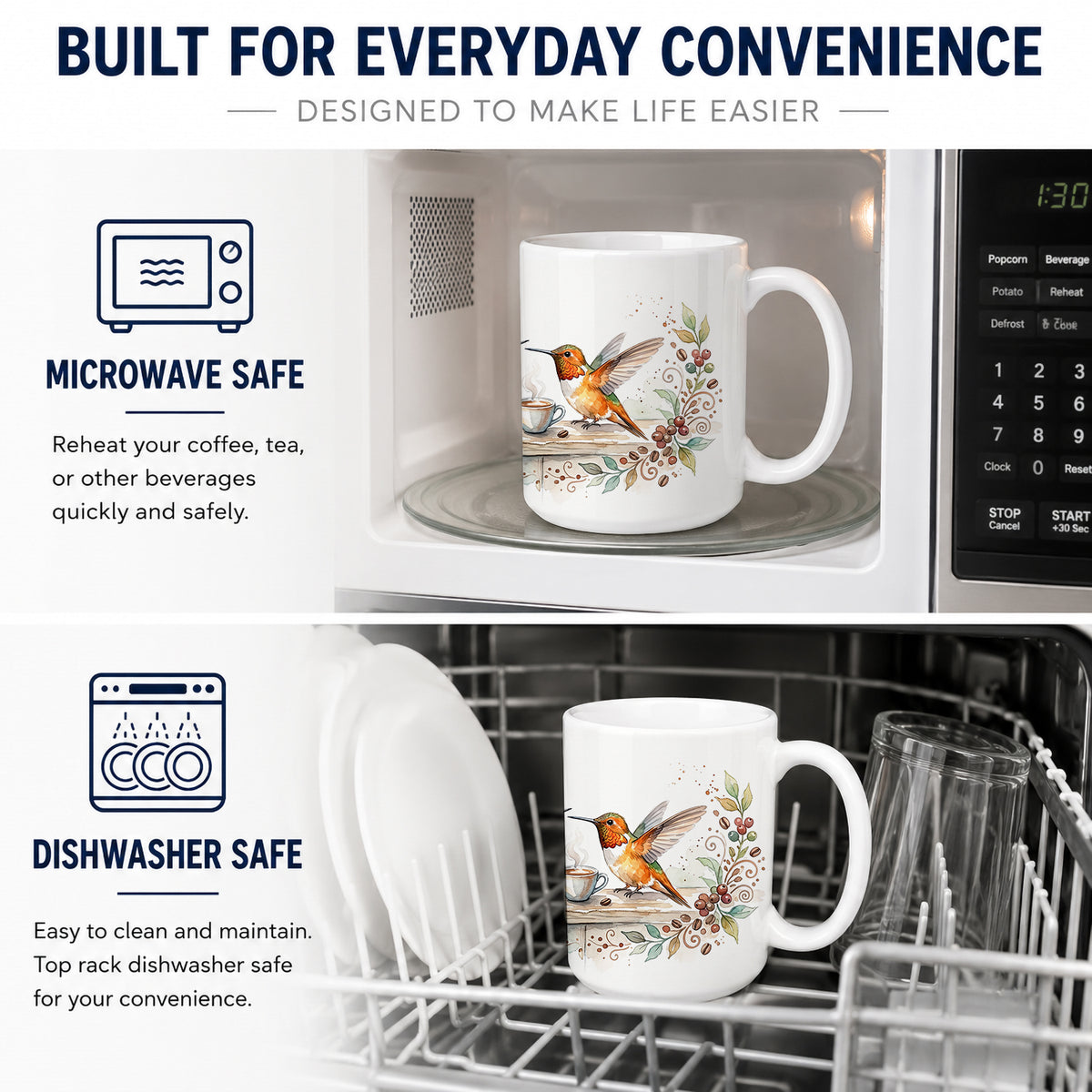 Caroline's Treasures Hummingbirds Morning Coffee Ceramic Coffee Mug 15 oz Decorative Large C Handle Mug Cup for Tea, Cocoa Hot Chocolate