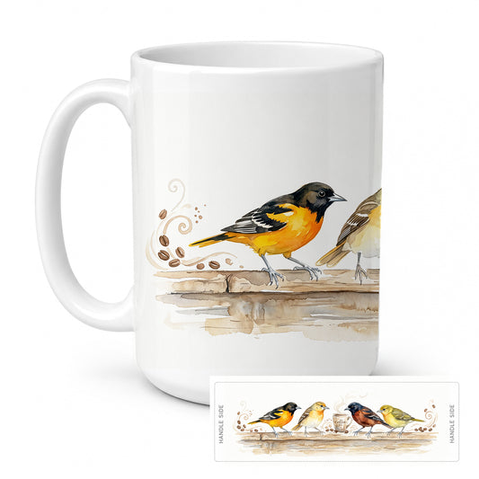 Caroline's Treasures Orioles Morning Coffee Ceramic Coffee Mug 15 oz Decorative Large C Handle Mug Cup for Tea, Cocoa Hot Chocolate