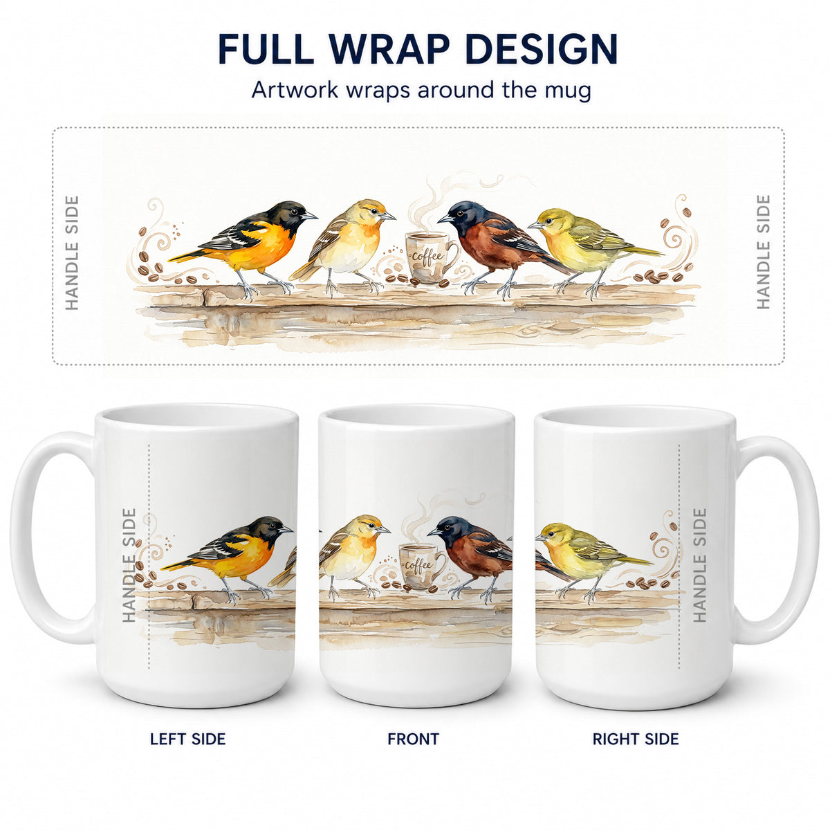 Caroline's Treasures Orioles Morning Coffee Ceramic Coffee Mug 15 oz Decorative Large C Handle Mug Cup for Tea, Cocoa Hot Chocolate