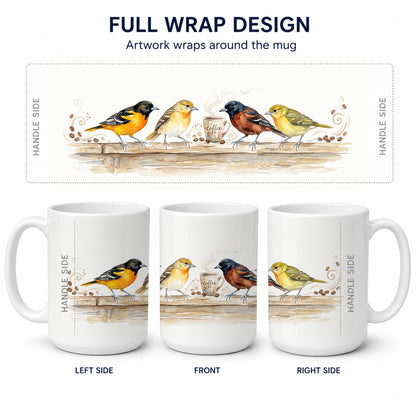 Caroline's Treasures Orioles Morning Coffee Ceramic Coffee Mug 15 oz Decorative Large C Handle Mug Cup for Tea, Cocoa Hot Chocolate