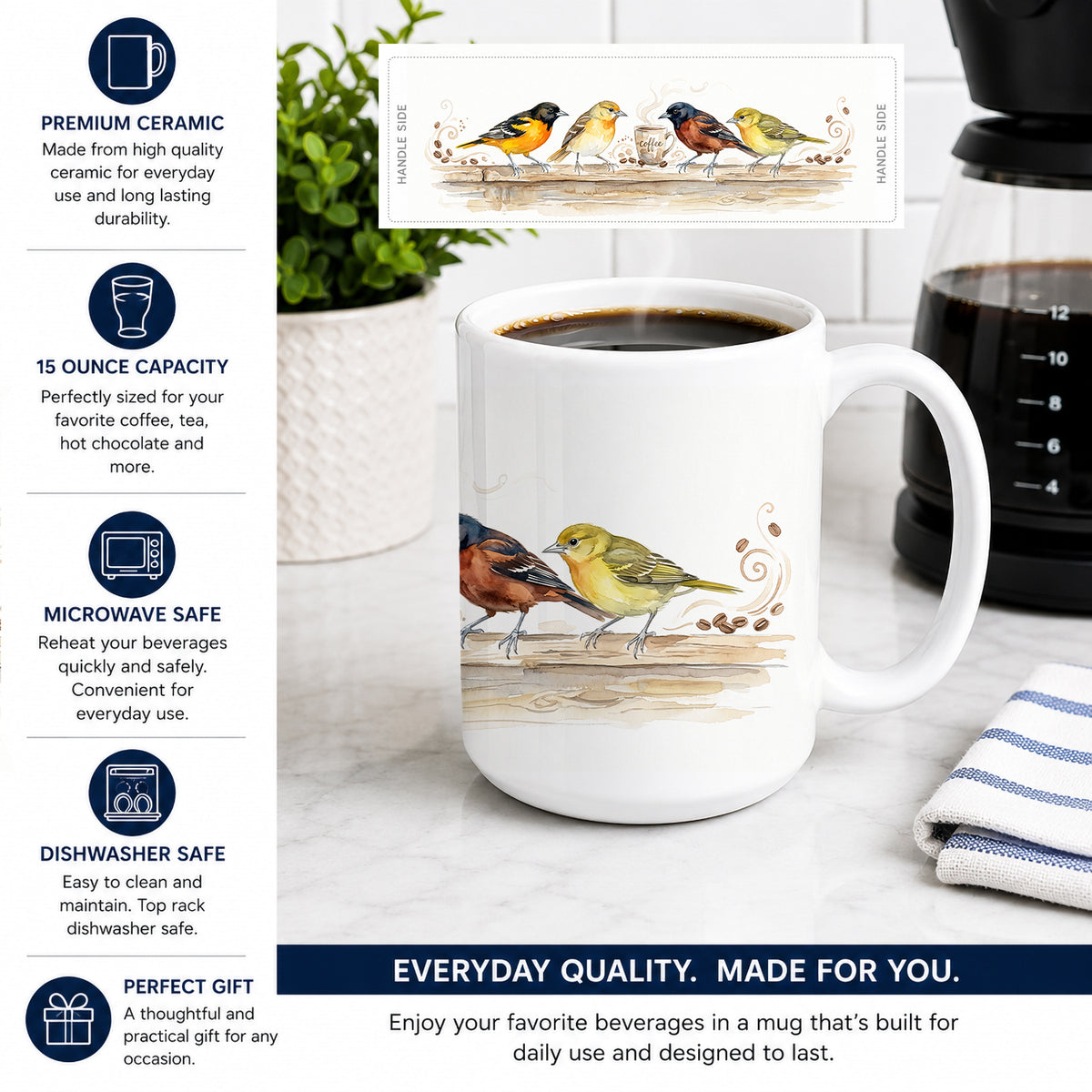Caroline's Treasures Orioles Morning Coffee Ceramic Coffee Mug 15 oz Decorative Large C Handle Mug Cup for Tea, Cocoa Hot Chocolate