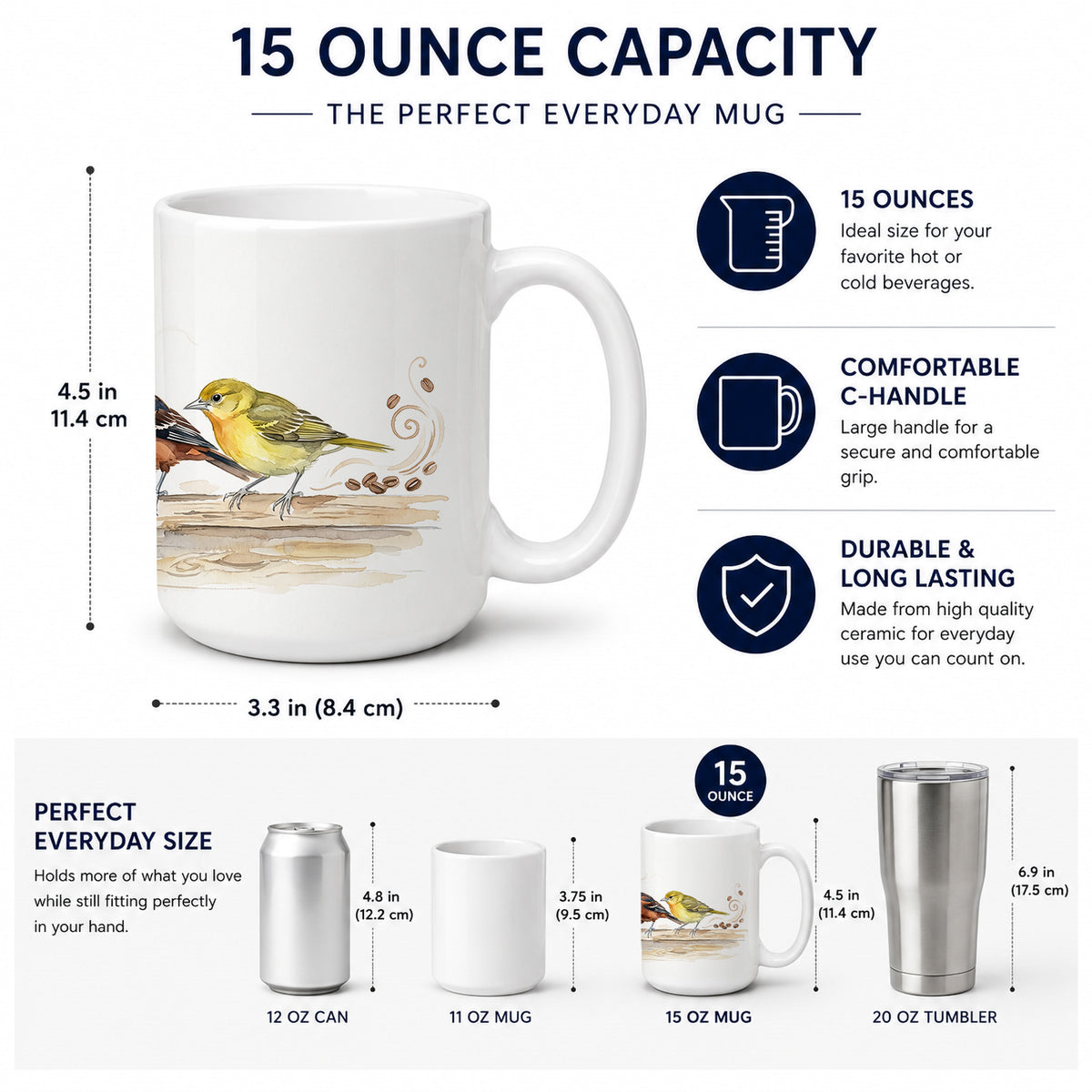 Caroline's Treasures Orioles Morning Coffee Ceramic Coffee Mug 15 oz Decorative Large C Handle Mug Cup for Tea, Cocoa Hot Chocolate