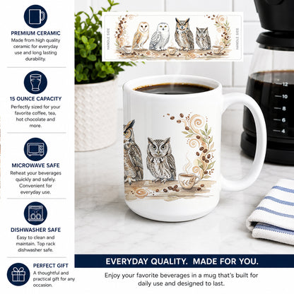 Caroline's Treasures Owls Morning Coffee Ceramic Coffee Mug 15 oz Decorative Large C Handle Mug Cup for Tea, Cocoa Hot Chocolate