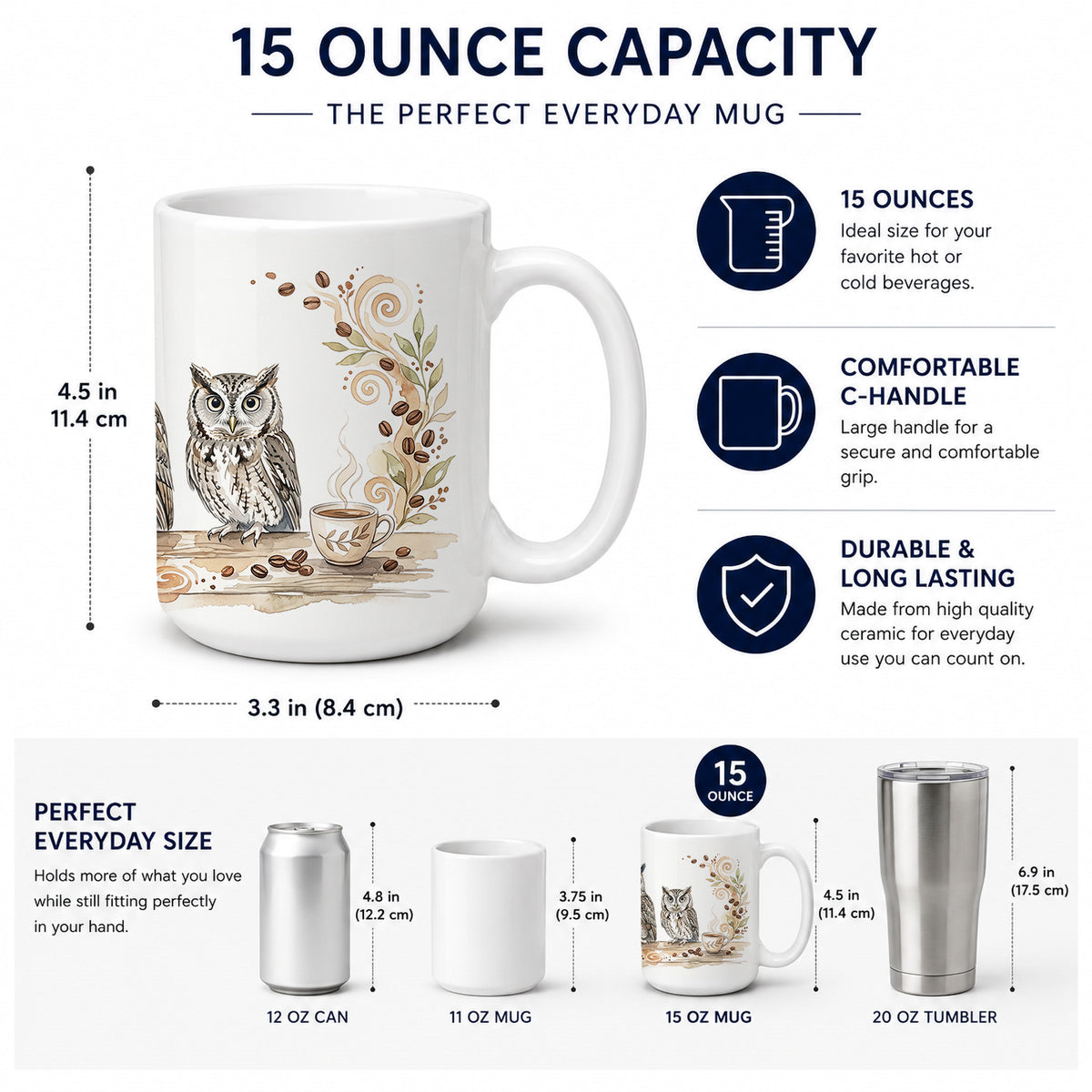 Caroline's Treasures Owls Morning Coffee Ceramic Coffee Mug 15 oz Decorative Large C Handle Mug Cup for Tea, Cocoa Hot Chocolate