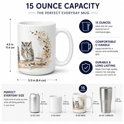 Caroline's Treasures Owls Morning Coffee Ceramic Coffee Mug 15 oz Decorative Large C Handle Mug Cup for Tea, Cocoa Hot Chocolate