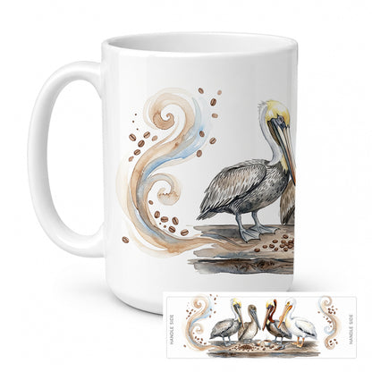 Caroline's Treasures Pelicans Morning Coffee Ceramic Coffee Mug 15 oz Decorative Large C Handle Mug Cup for Tea, Cocoa Hot Chocolate