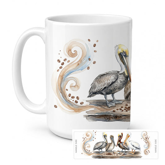Caroline's Treasures Pelicans Morning Coffee Ceramic Coffee Mug 15 oz Decorative Large C Handle Mug Cup for Tea, Cocoa Hot Chocolate