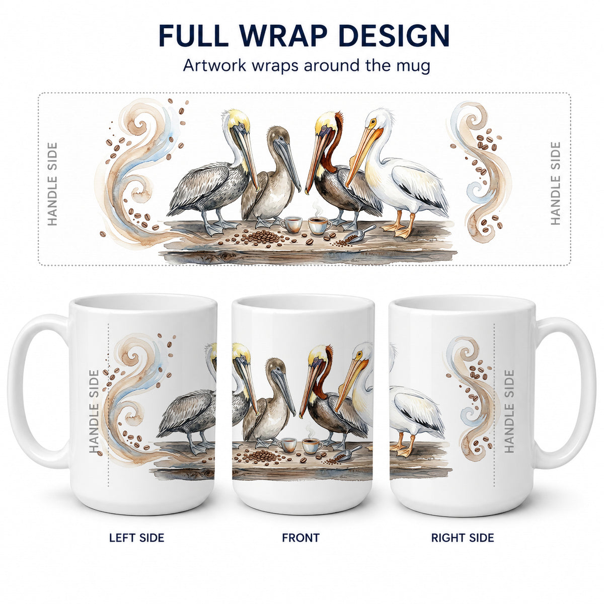 Caroline's Treasures Pelicans Morning Coffee Ceramic Coffee Mug 15 oz Decorative Large C Handle Mug Cup for Tea, Cocoa Hot Chocolate