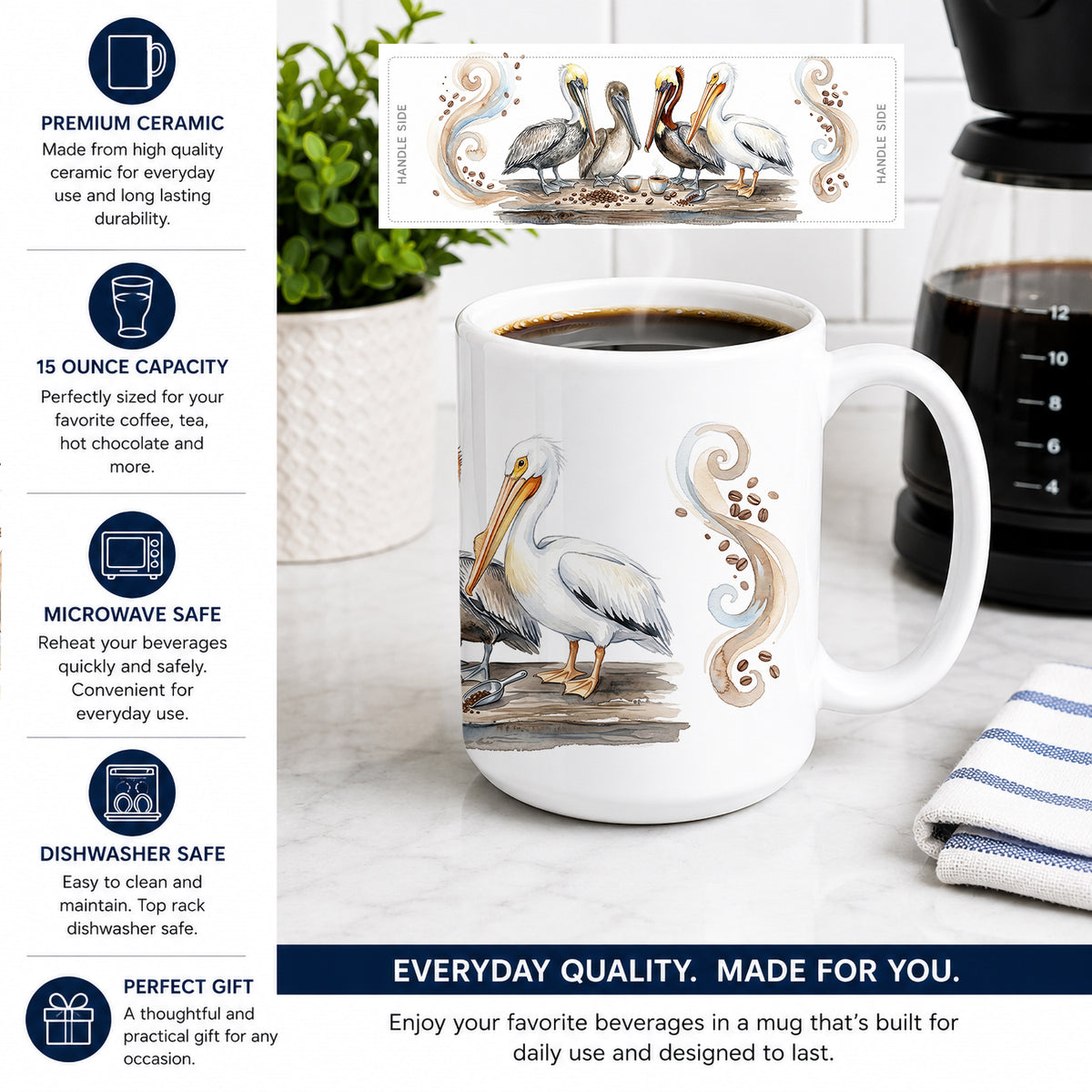 Caroline's Treasures Pelicans Morning Coffee Ceramic Coffee Mug 15 oz Decorative Large C Handle Mug Cup for Tea, Cocoa Hot Chocolate
