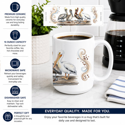 Caroline's Treasures Pelicans Morning Coffee Ceramic Coffee Mug 15 oz Decorative Large C Handle Mug Cup for Tea, Cocoa Hot Chocolate