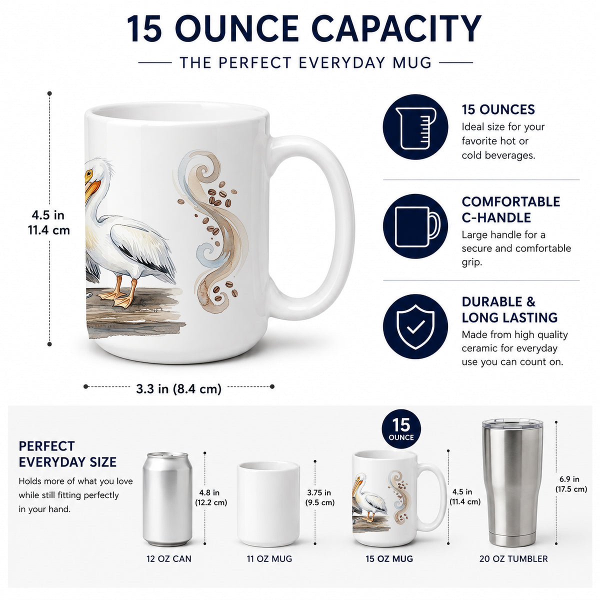 Caroline's Treasures Pelicans Morning Coffee Ceramic Coffee Mug 15 oz Decorative Large C Handle Mug Cup for Tea, Cocoa Hot Chocolate
