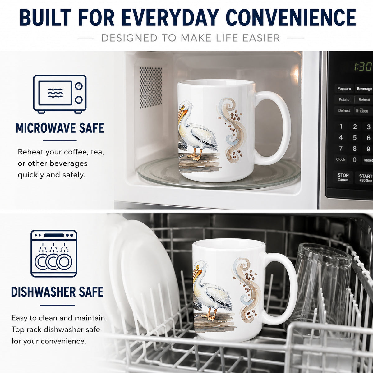Caroline's Treasures Pelicans Morning Coffee Ceramic Coffee Mug 15 oz Decorative Large C Handle Mug Cup for Tea, Cocoa Hot Chocolate