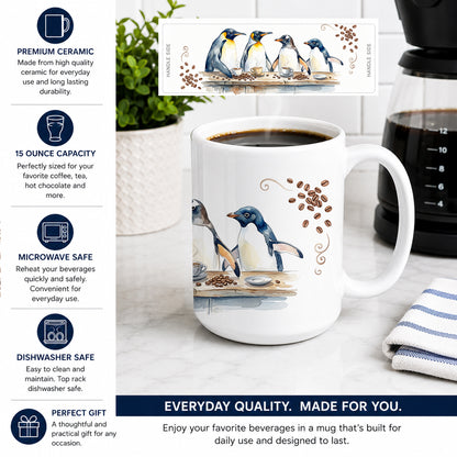 Caroline's Treasures Penguins Morning Coffee Ceramic Coffee Mug 15 oz Decorative Large C Handle Mug Cup for Tea, Cocoa Hot Chocolate